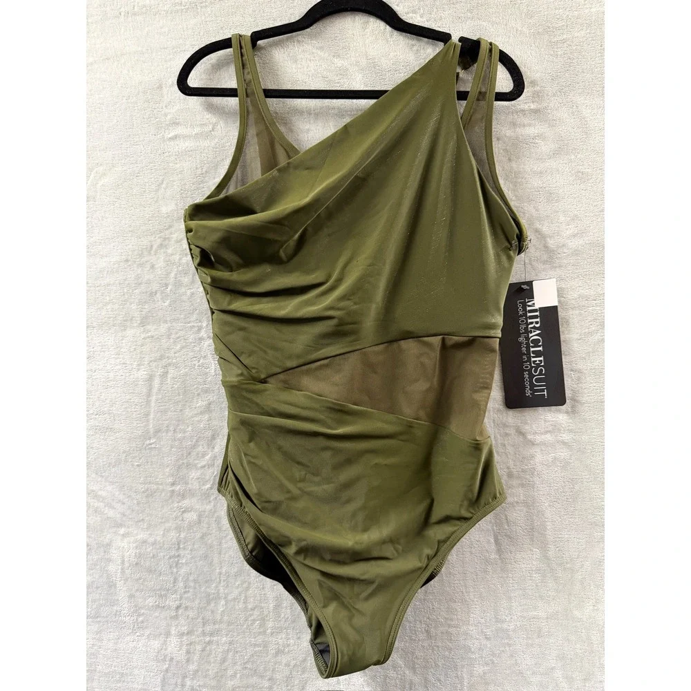 Miraclesuit Womens AZURA One Shoulder Mesh One Piece Swimsuit Nori Sz 16 $172